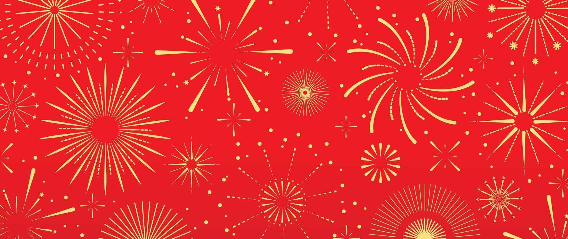 festival kinesisk bakgrund vektor. Lycklig kinesisk ny år tapet design med gyllene fyrverkeri på röd bakgrund. modern lyx orientalisk illustration för omslag, baner, hemsida, dekor, annons. vektor