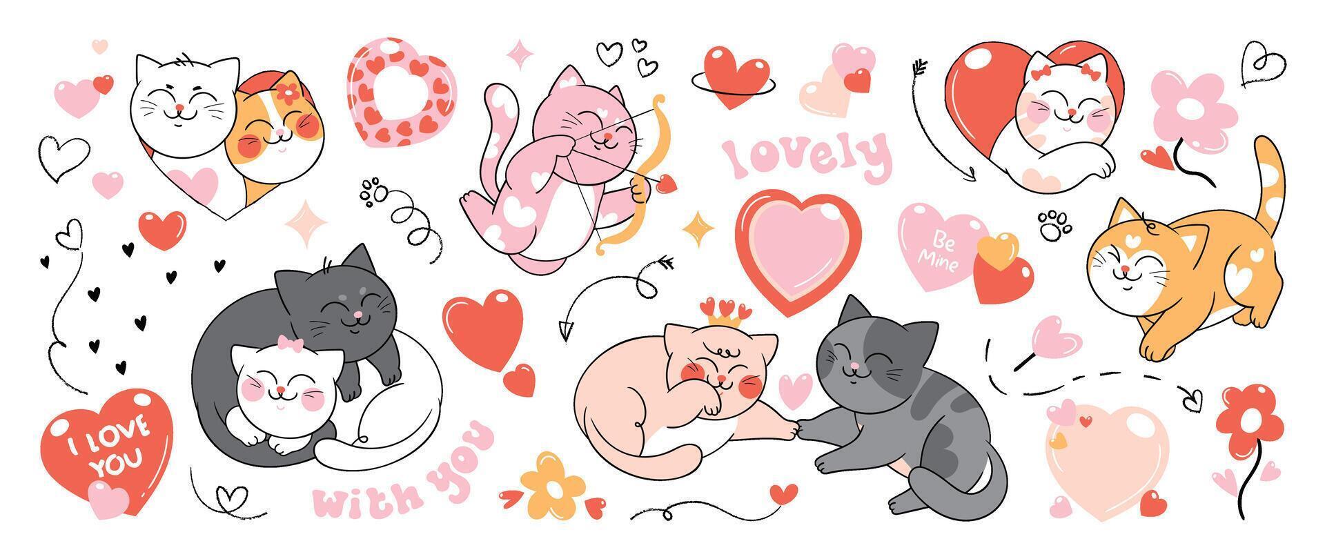 süß Katzen im Valentinstag Tag schön Haustier Vektor. Sammlung von Katzen mit wenig Herz, Pfeil, Blume. bezaubernd Tier Zeichen zum Clip Art, Dekoration, Drucke, Abdeckung, Gruß Karte, Aufkleber, Banner. vektor