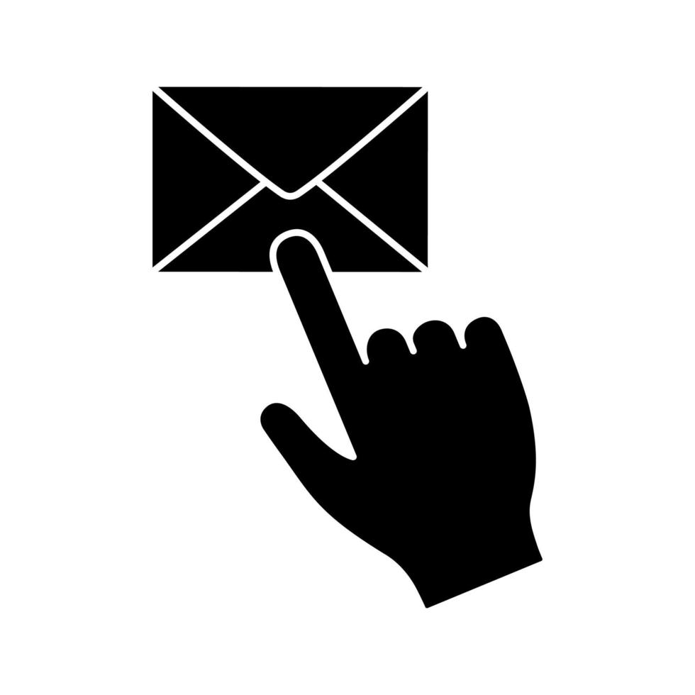 e-postknappen klicka på glyfikonen. SMS. e-postapp. budbärare. hand att trycka på e-postknappen. siluett symbol. negativt utrymme. vektor isolerade illustration
