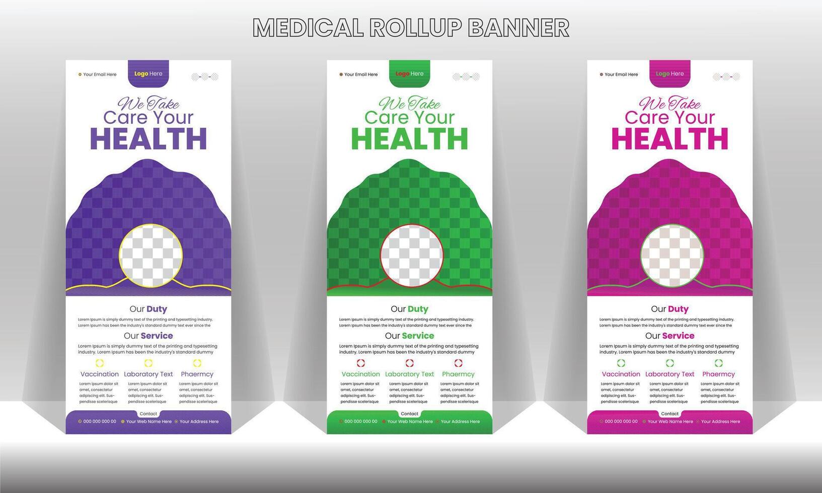 Modernes medizinisches Gesundheitswesen x Roll-up-Banner-Designvorlage mit schönen Formen und Verlaufsfarbe vektor