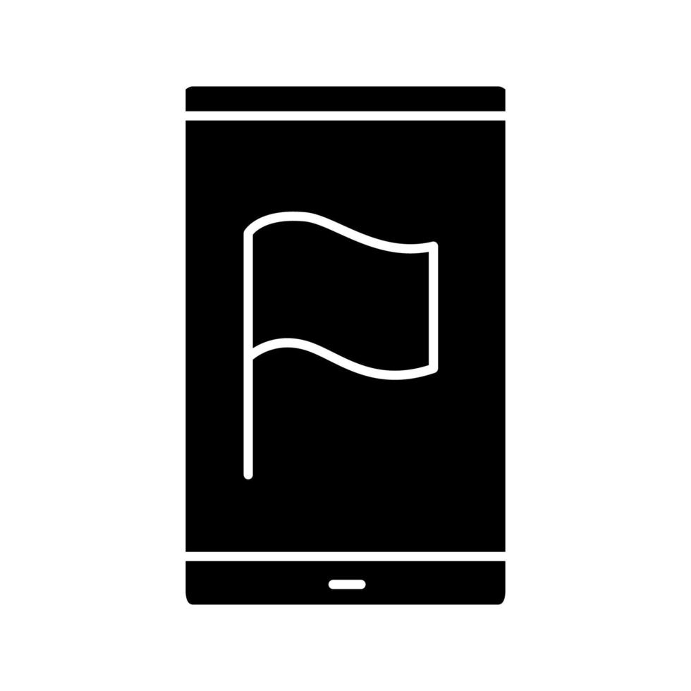 Smartphone-Bildschirm mit Flaggensymbol. Silhouette-Symbol. GPS-Navigations-App. negativen Raum. isolierte Vektorgrafik vektor
