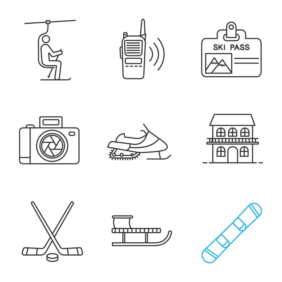 vinteraktiviteter linjära ikoner set. stollift, walkie talkie, liftkort, fotokamera, snöskoter, stuga, hockeyutrustning, släde, snowboard. tunn linje kontursymboler. isolerade vektor kontur illustration