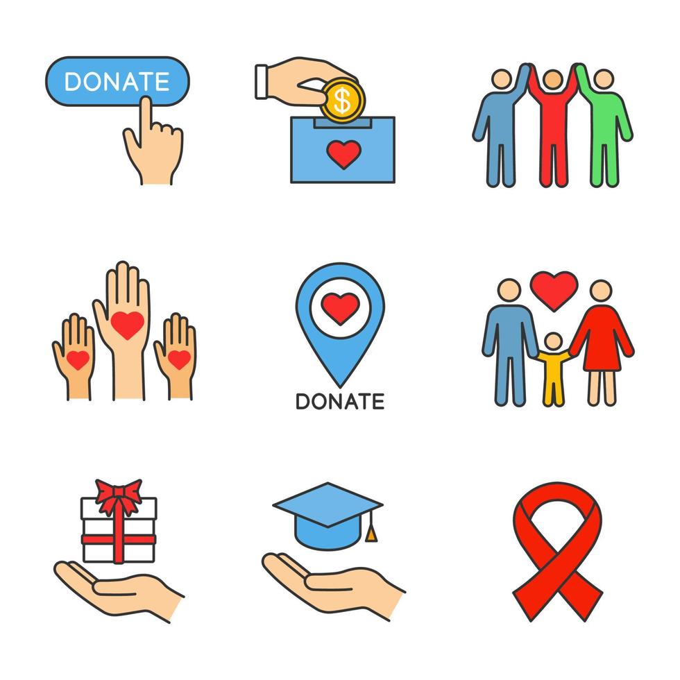 Nächstenliebe Farbsymbole gesetzt. Spendenknopf, Fundraising, Standort einer Wohltätigkeitsorganisation, Familie, Geschenk, kostenlose Bildung, Einheit in der Vielfalt, Anti-HIV-Band. isolierte vektorillustrationen vektor