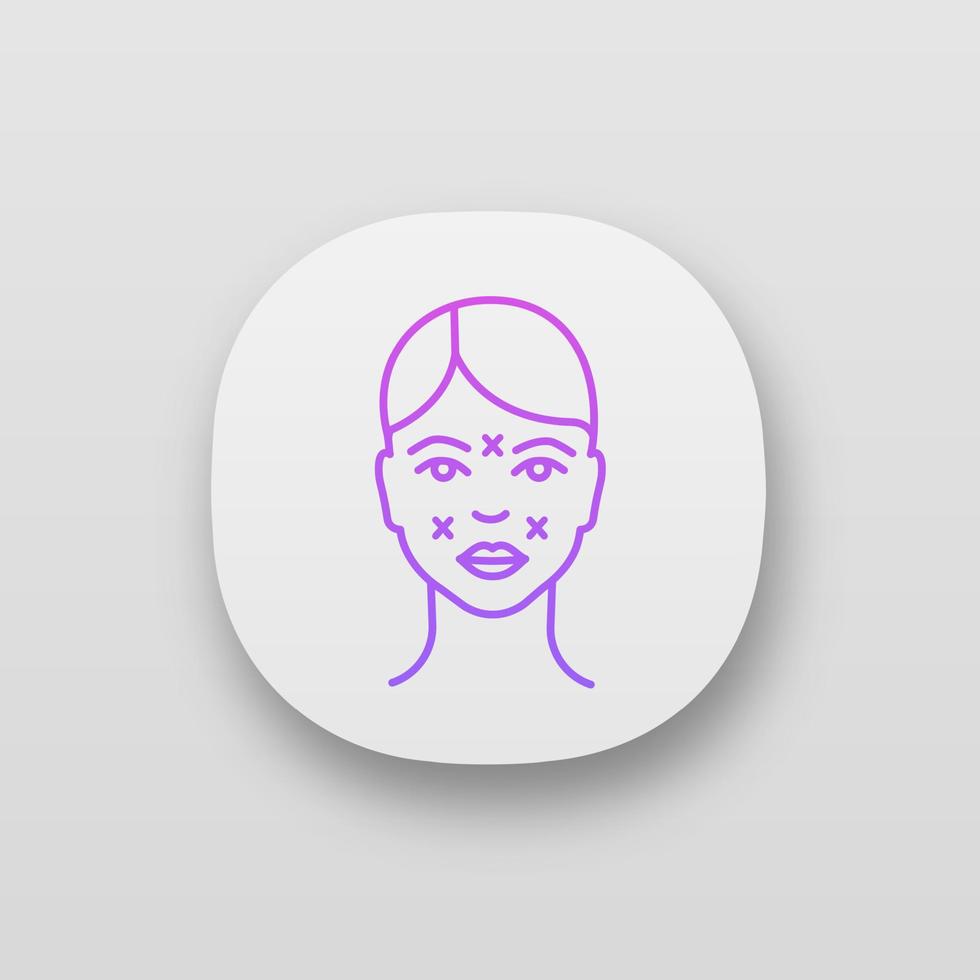 App-Symbol für Neurotoxin-Injektionsstellen. Gesichtsmarkierung für kosmetisches Verfahren. Injektionspräparat für Neurotoxine. Gesichtsverjüngung. ui ux-Schnittstelle. mobile Applikation. isolierte Vektorgrafik vektor