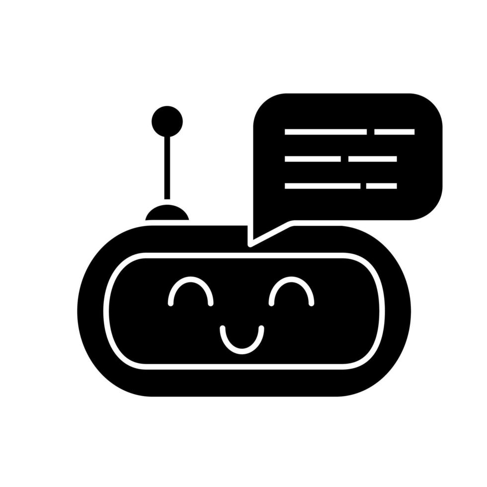 chatbot meddelande glyfikon. talkbot. skrattande chatt bot. modern robot. virtuell assistent. samtalsagent. siluett symbol. negativt utrymme. vektor isolerade illustration