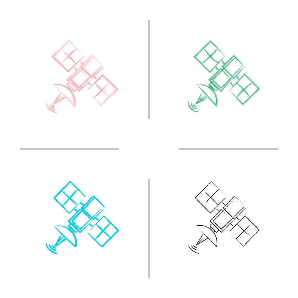 satellitsignal handritad ikoner set. färg penseldrag. isolerade vektor skissartade illustrationer