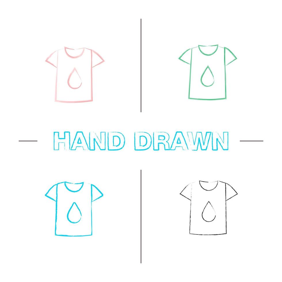 Druck auf T-Shirt handgezeichnete Icons Set. Farbe Pinselstrich. T-Shirt mit Flüssigkeitstropfen. isolierte skizzenhafte Vektorgrafiken vektor