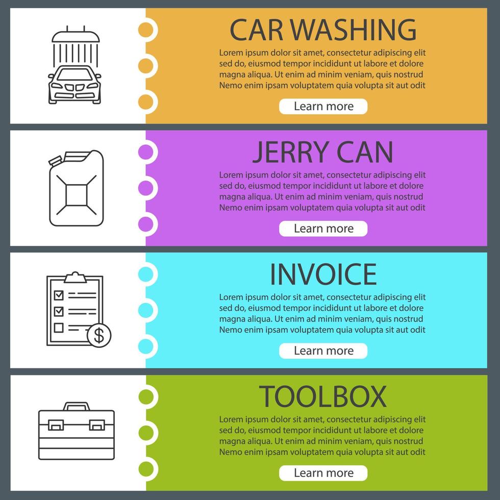 Autowerkstatt Web-Banner-Vorlagen eingestellt. Autowäsche, Kanister, Rechnung, Werkzeugkasten. Website-Farbmenüelemente mit linearen Symbolen. Designkonzepte für Vektorheader vektor
