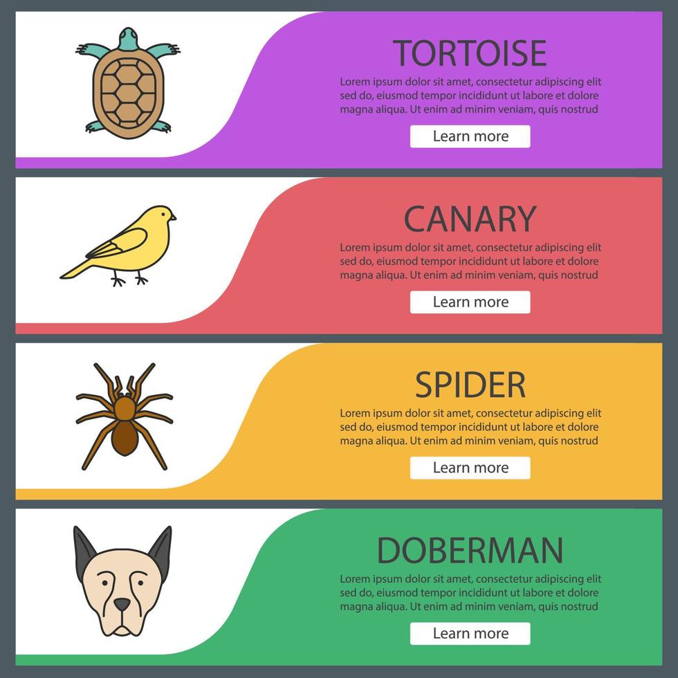 husdjur webb banner mallar set. sköldpadda, kanariefågel, spindel, doberman. menyalternativ på webbplatsens färg. vektor headers designkoncept