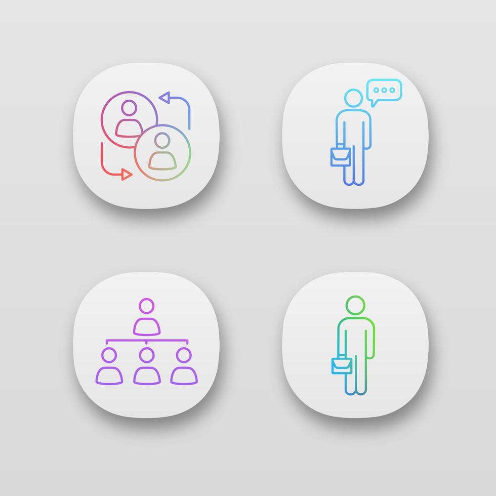 företagsledning app ikoner set. ui ux användargränssnitt. partnerskap, affärsmanstänkande, professionell hierarki, chef. webb- eller mobilapplikationer. vektor isolerade illustrationer