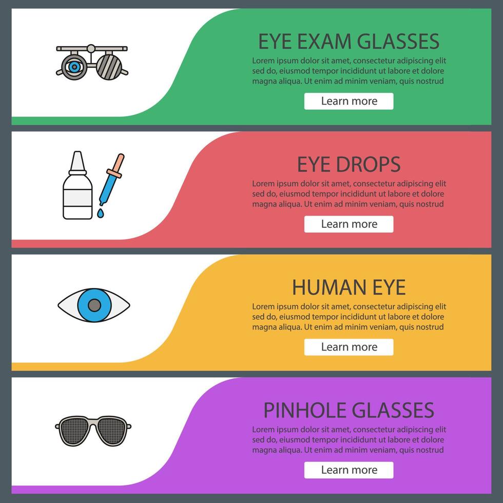 oftalmologi webb banner mallar set. menyalternativ på webbplatsens färg. tentaglasögon, ögondroppar, syn, nålglasögon. vektor headers designkoncept
