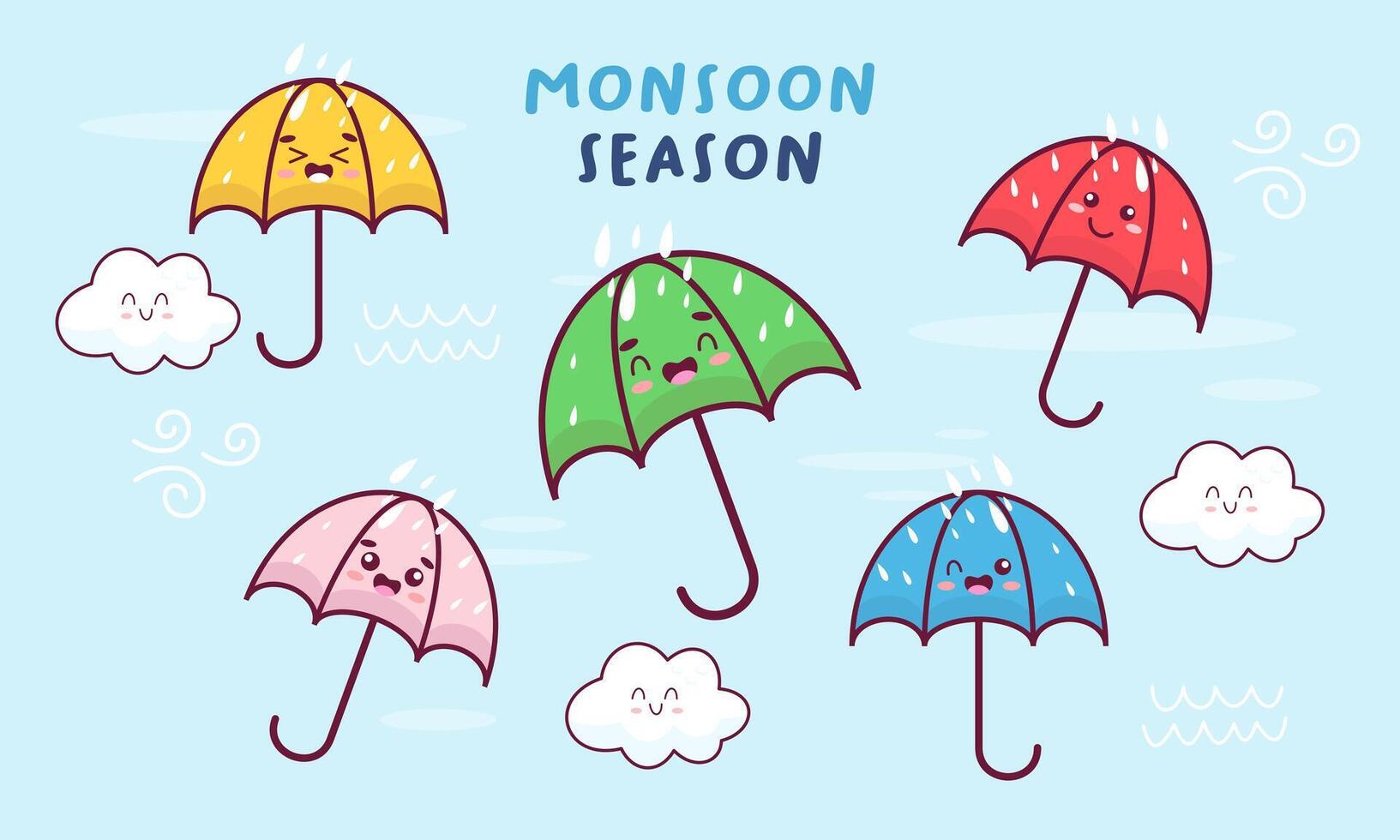 Monsun Jahreszeit Illustration mit Regenschirme Vektor