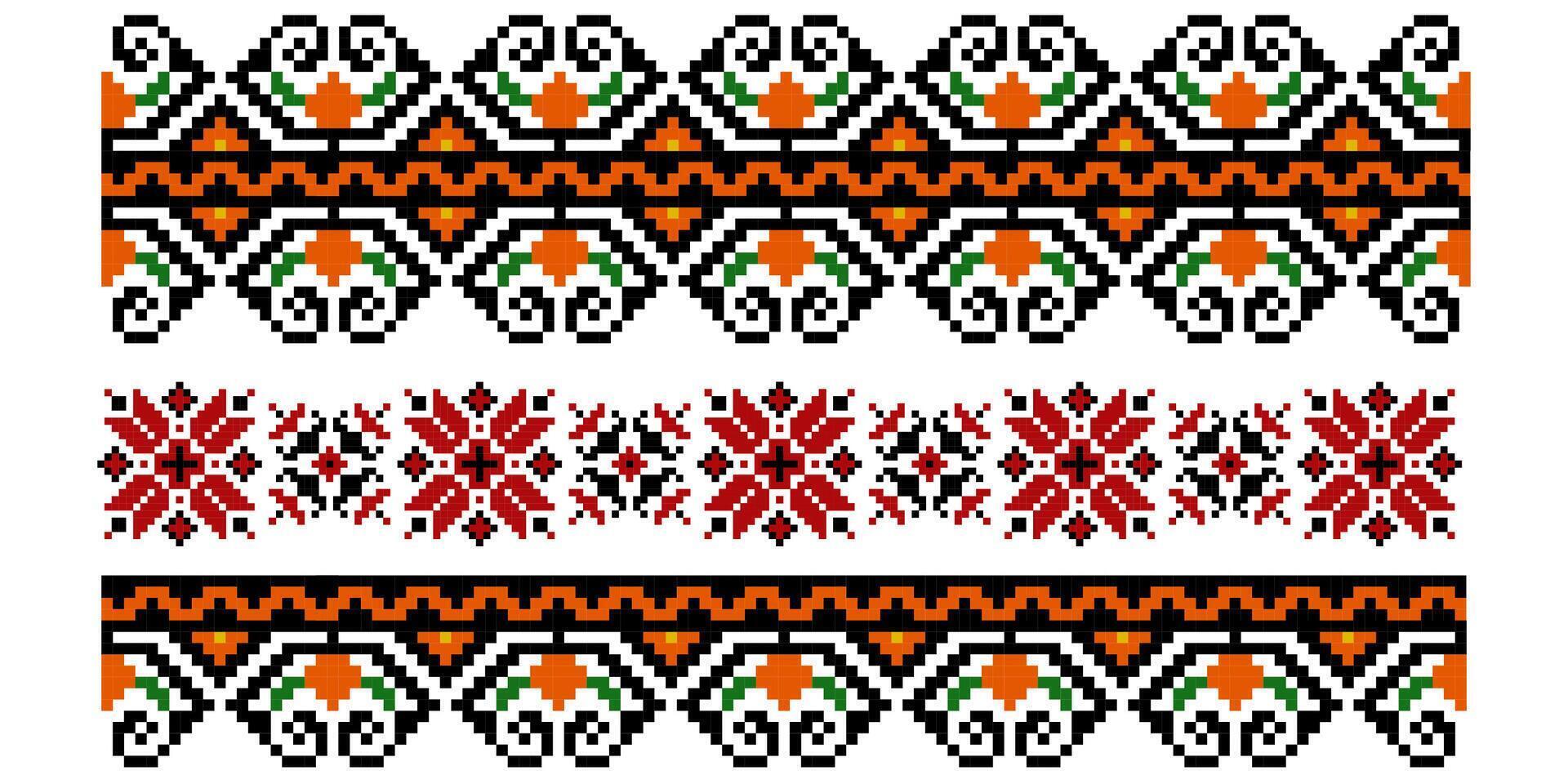 uppsättning av redigerbar färgrik sömlös etnisk ukrainska traditionell korsa sy mönster för broderi sy. blommig och geometrisk ornament. vektor illustration