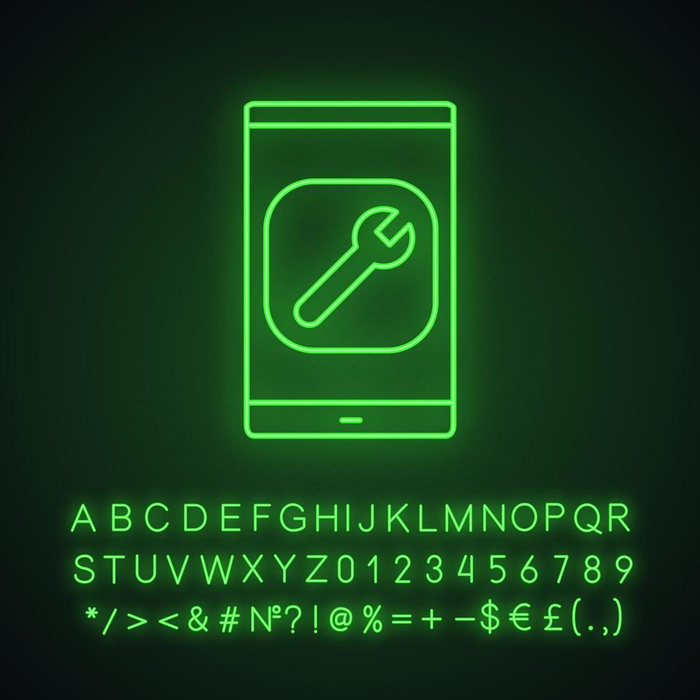 Smartphone-Einstellungen Neonlicht-Symbol. Telefondisplay mit Schraubenschlüssel. leuchtendes Schild mit Alphabet, Zahlen und Symbolen. isolierte Vektorgrafik vektor