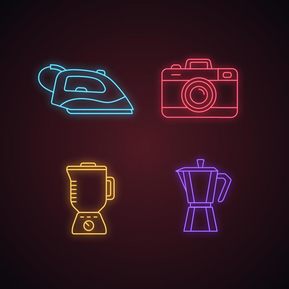 Haushaltsgeräte-Neonlicht-Symbole gesetzt. Dampfbügeleisen, Fotokamera, Mixer, Herd-Kaffeemaschine. leuchtende Zeichen. isolierte Vektorgrafiken vektor