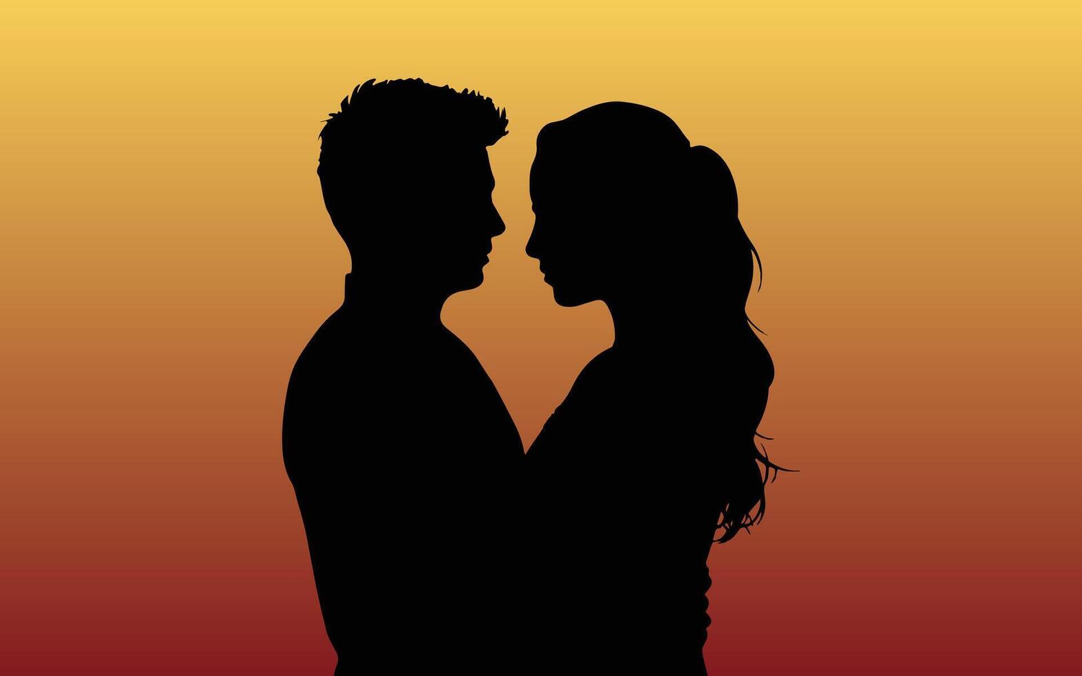 Silhouette von Paar Mann und Frau mit Sonnenuntergang, Mann und Frau suchen beim jeder Andere Augen im Liebe beim Sonnenuntergang vektor