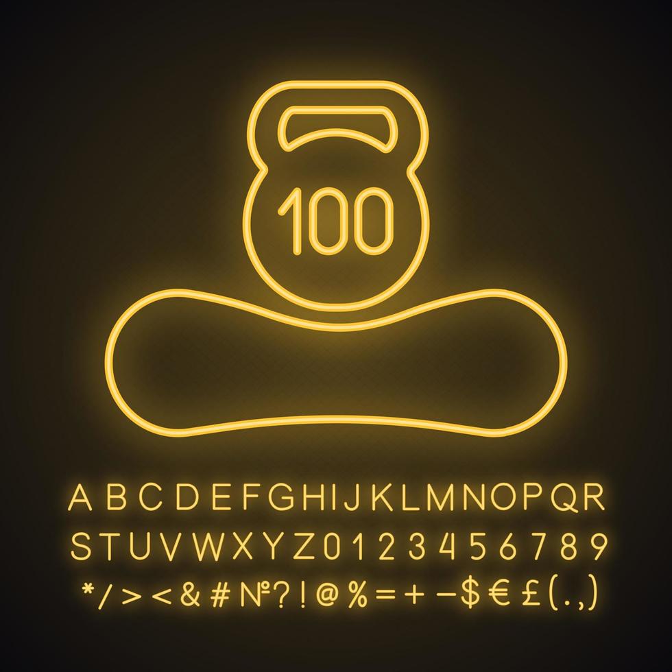 maximale Gewichtsgrenze bis zu 100 kg Neonlicht-Symbol. Matratzengewichtsempfehlung pro Person von hundert Kilogramm. leuchtendes Schild mit Alphabet, Zahlen und Symbolen. isolierte Vektorgrafik vektor