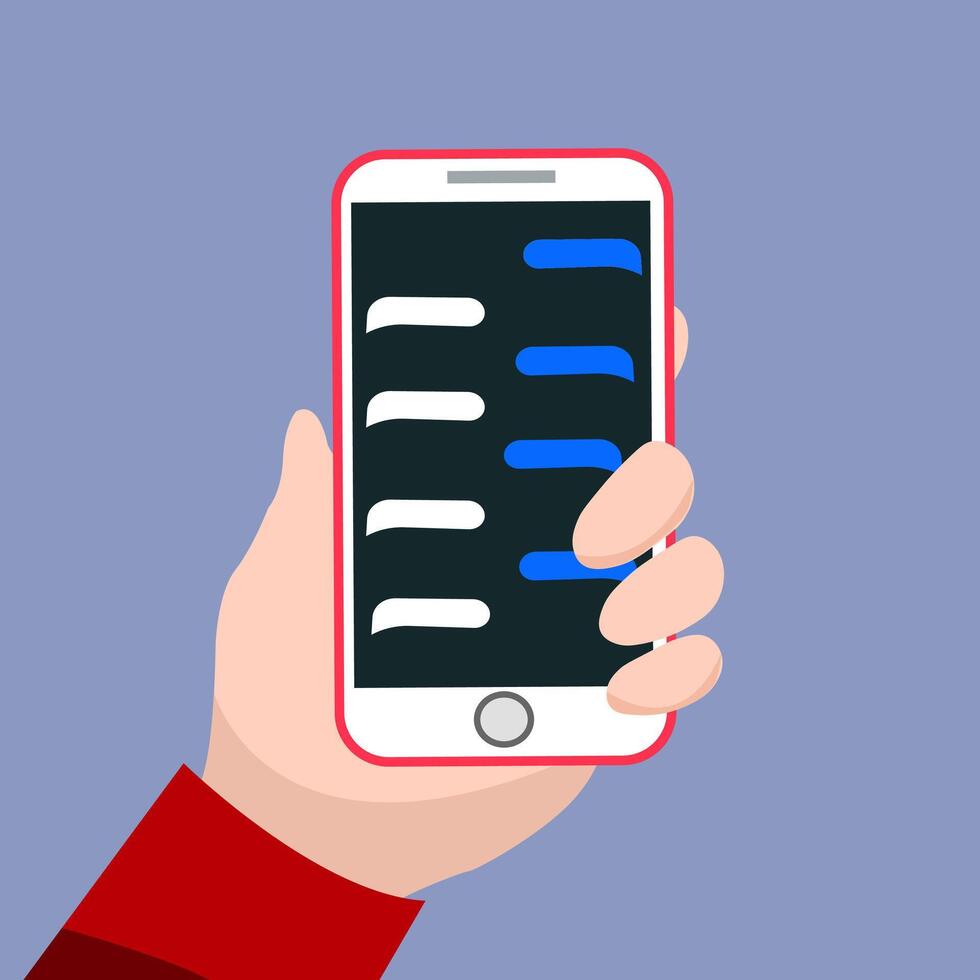 en man innehar en telefon i hans händer. sändning en meddelande vektor