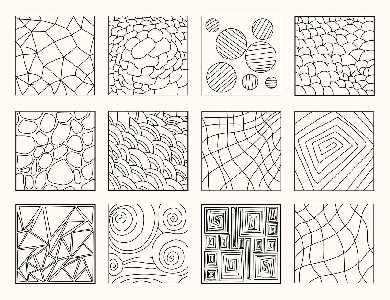 geometrisch linear Muster Hintergründe Kritzeleien Satz. Vektor Illustration. isoliert Platz Gliederung Muster, abstrakt Poster, Textur.