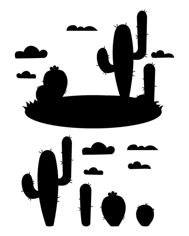samling silhuetter kaktusar. isolerat ritningar glänta, kaktus och moln. svart hand ritade. vektor illustration.