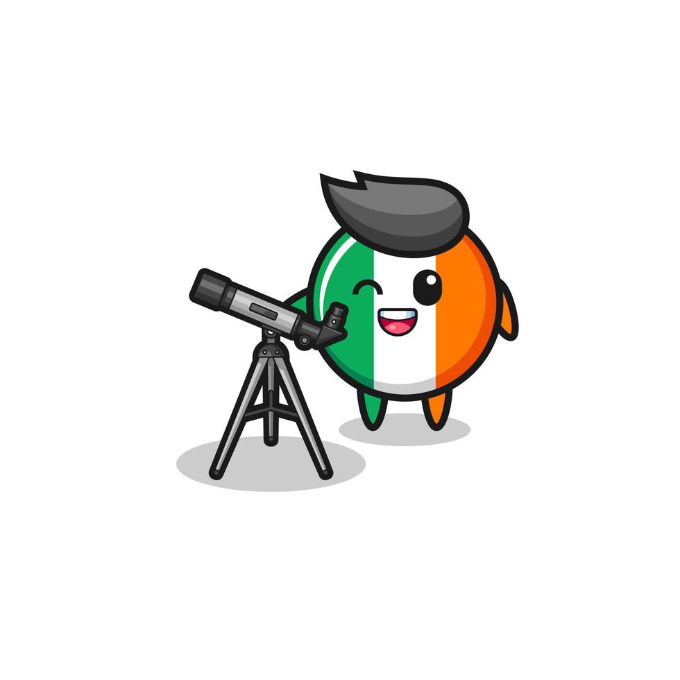 Irland-Flagge Astronomen-Maskottchen mit einem modernen Teleskop vektor