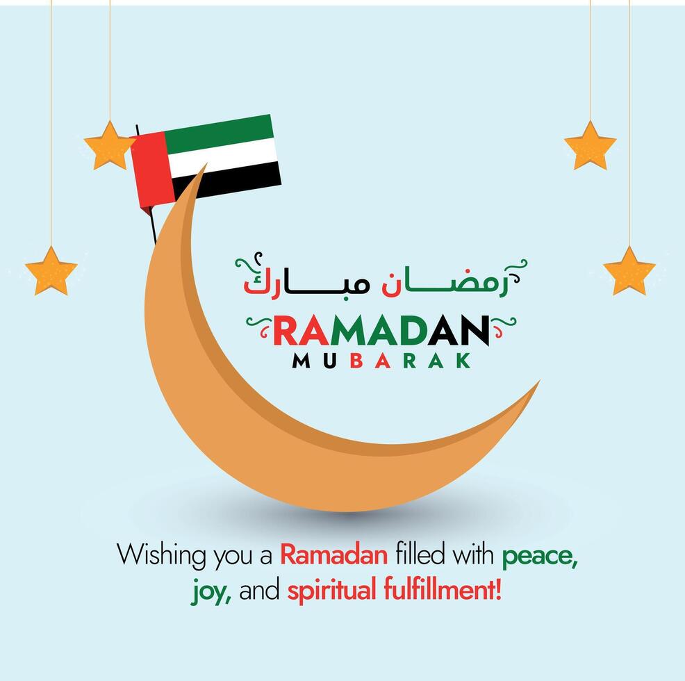 uae ramadan mubarak. ramadan mubarak önskar för uae människor med flagga. uae flagga i ramadan flagga. halvmåne måne och stjärnor. muslim festlig önskar 2024 baner, kort och social media posta i ljus bakgrund vektor