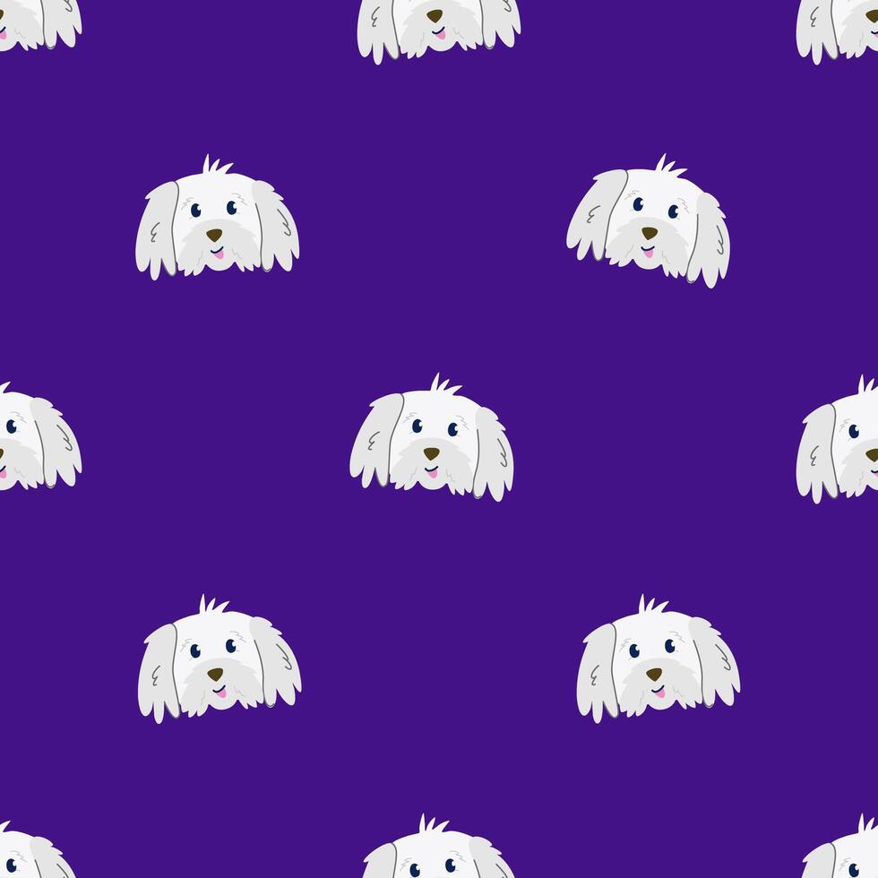 einfach nahtlos Muster mit süß Hund Kopf auf lila Hintergrund. Hand gezeichnet Vektor Illustration zum stilvoll Abdeckung, Fälle, Hintergrund, Drucke, Verpackung, Textil-
