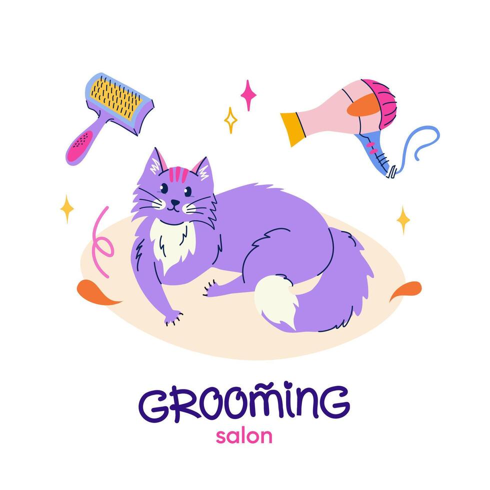 grooming salong. söt liggande katt i platt tecknad serie stil. uppsättning av Utrustning och verktyg för sällskapsdjur grooming. vektor logotyp design med handskriven typografi för baner, affisch, vykort