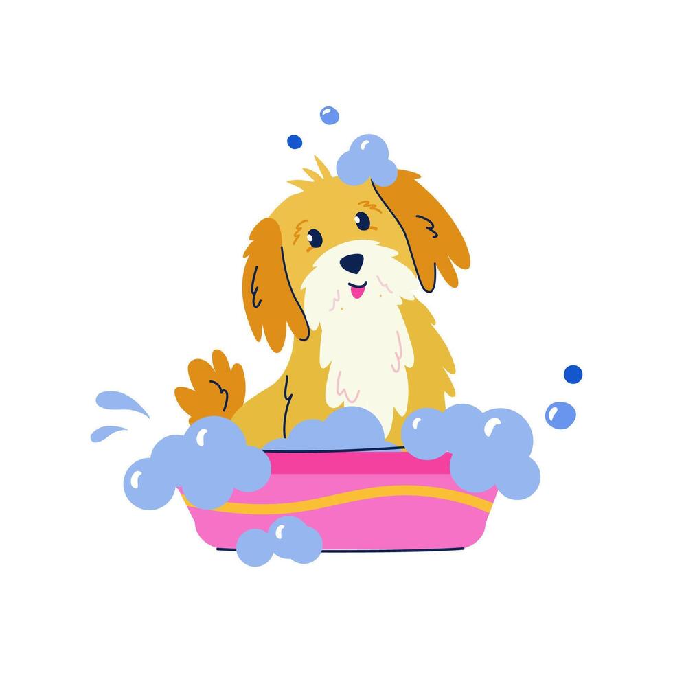 süß glücklich Baden Hund im eben Karikatur Stil. Vektor isoliert Hand gezeichnet Illustration zum Aufkleber, Banner, Poster, Postkarte. Haustier Pflege Konzept