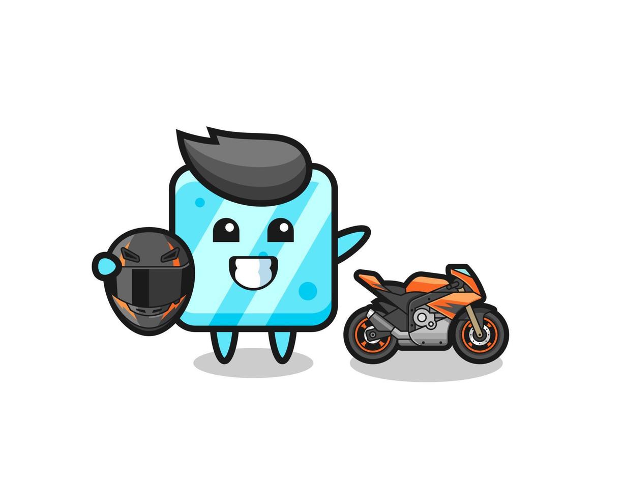 süßer Eiswürfel-Cartoon als Motorradrennfahrer vektor