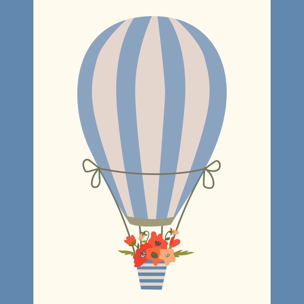 ein Illustration mit ein heiß Luft Ballon und ein gestreift Korb mit Mohn. vektor