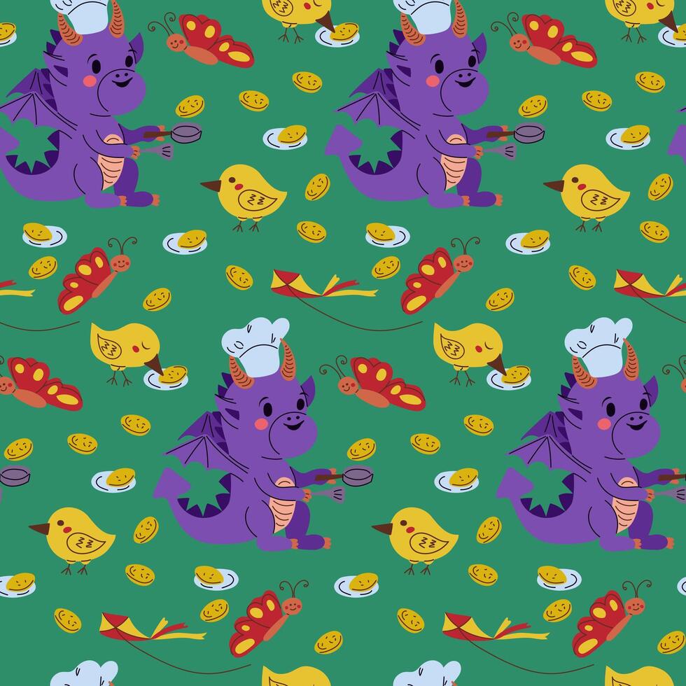 süß Drachen Kochen Pfannkuchen nahtlos Muster. Kinder Spaß Konzept. Vektor Kinder Illustration im kawaii Karikatur Stil. modisch drucken Design zum Textil, Hintergrund, Verpackung, Hintergrund