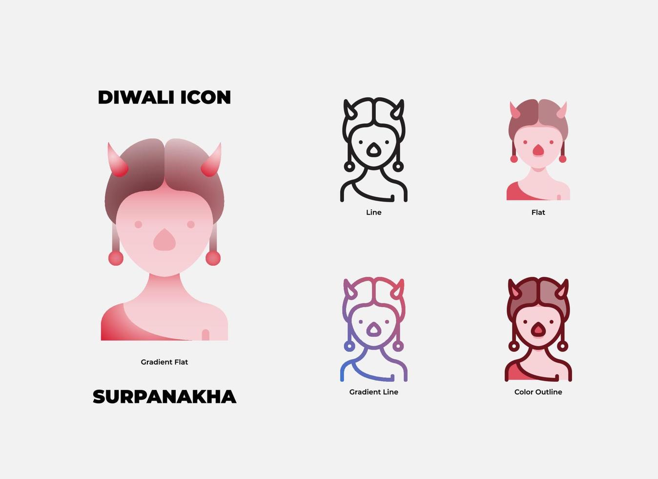 Diwali Surpanakha-Icon-Set. Surpanakha ist einer der bösen Charaktere in der Diwali-Geschichte vektor