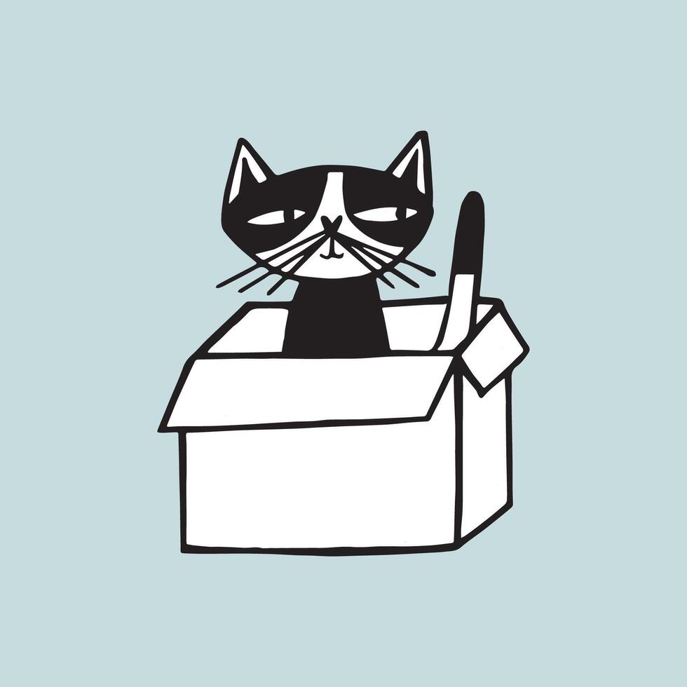 heiter Katze Sitzung im Karton Box gegen Licht Blau Hintergrund. Gekritzel komisch Karikatur Tier Hand gezeichnet im schwarz und Weiß. Vektor Illustration im modisch Stil.