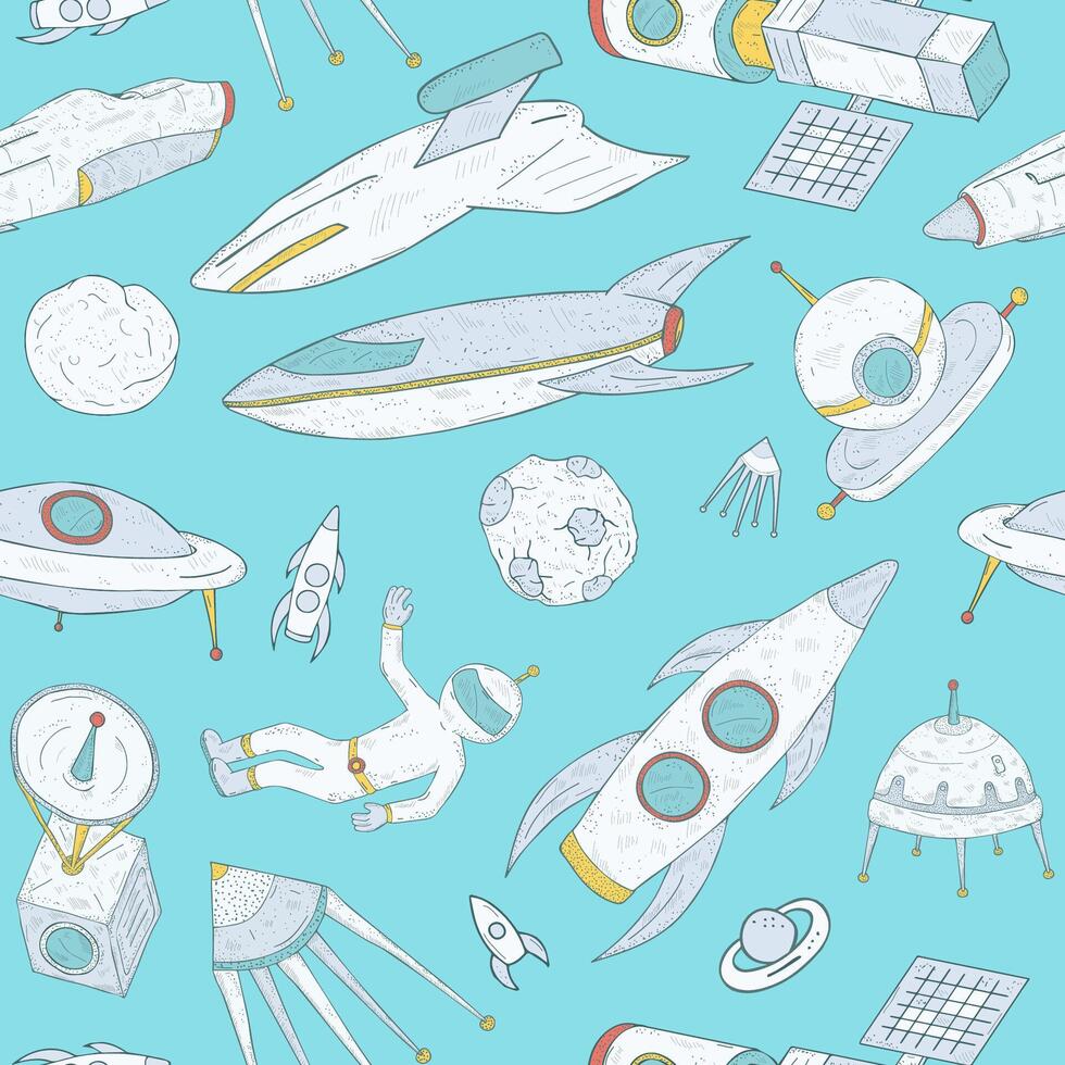 nahtlos Muster mit Karikatur Raum Objekte Hand gezeichnet auf Blau Hintergrund - - Raumfahrzeug, Astronaut, fliegend Untertasse, Satellit, Planeten, Asteroiden und Meteoriten. Vektor Illustration.