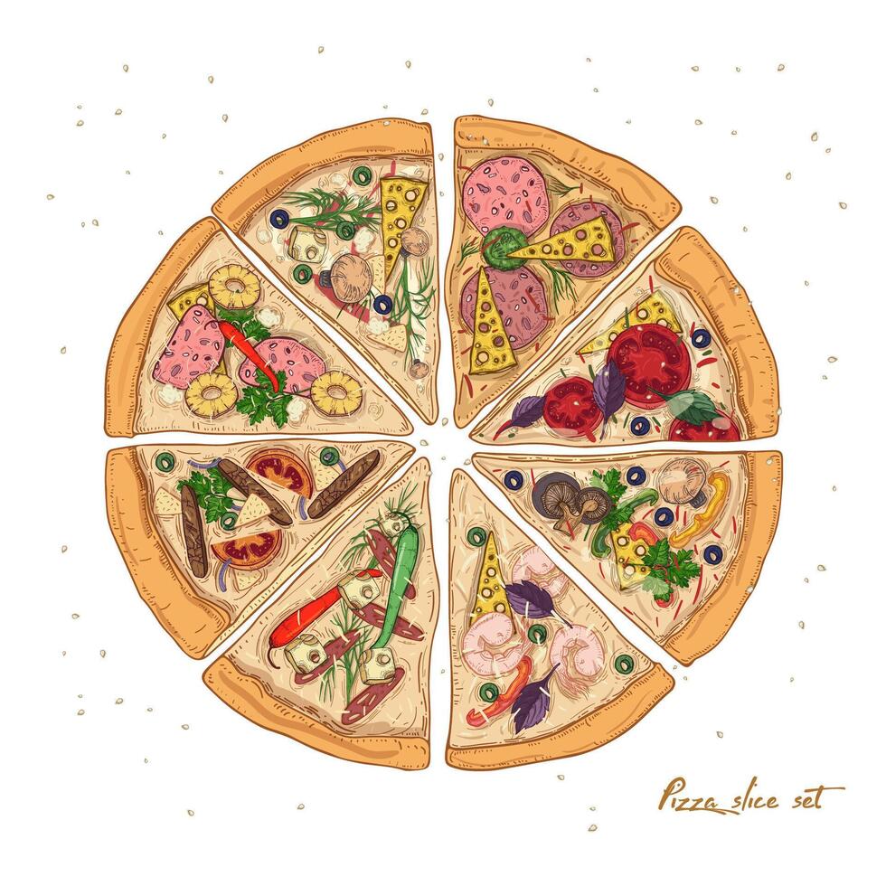 einstellen von Scheiben von anders Pizza Typen mit verschiedene Zutaten isoliert auf Weiß Hintergrund - - Peperoni, hawaiisch, Meeresfrüchte, Vegetarier. Vektor Illustration zum Restaurant oder Pizzeria Speisekarte.