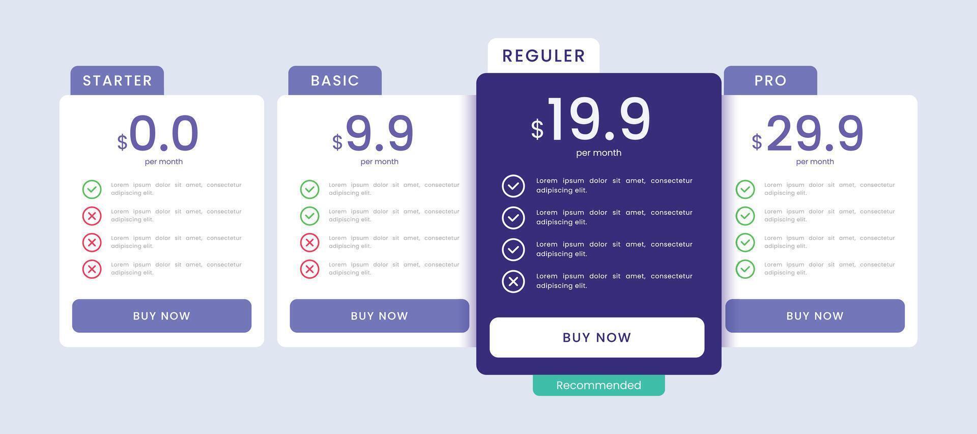 modern prissättning tabell design med fyra kolumn prenumeration planer vektor