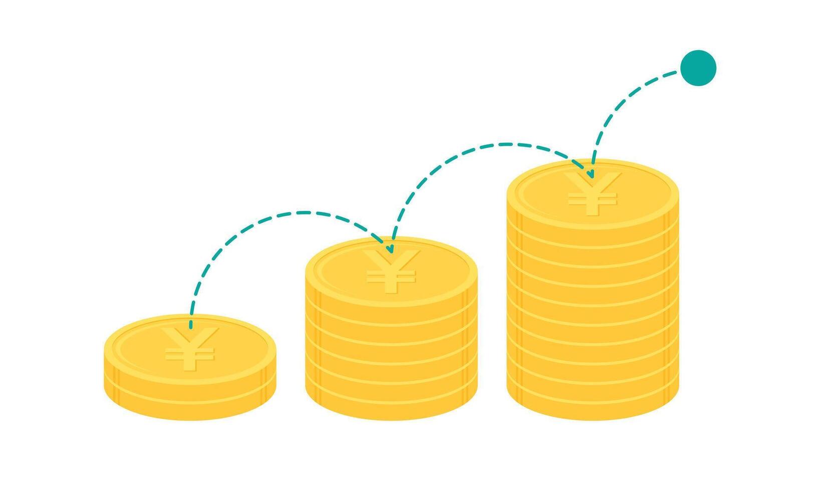 studsande boll på stack av guld japansk yen eller kinesisk yuan mynt. företag tillväxt begrepp. platt design vektor illustration.