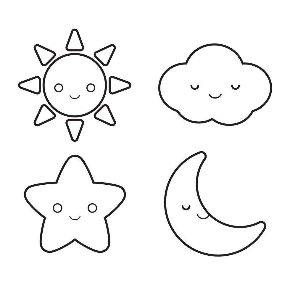 uppsättning av söt väder element översikt teckning för barns färg bok Inklusive Sol, moln, stjärna och måne. söt vektor illustration.