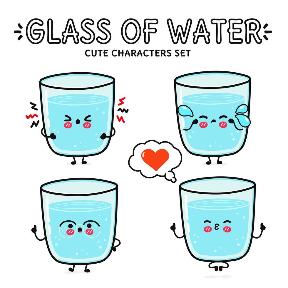 komisch süß glücklich Glas von Wasser Zeichen bündeln Satz. Vektor Hand gezeichnet Gekritzel Stil Karikatur Charakter Illustration Symbol Design. isoliert Weiß Hintergrund. Glas von Wasser Maskottchen Charakter Sammlung