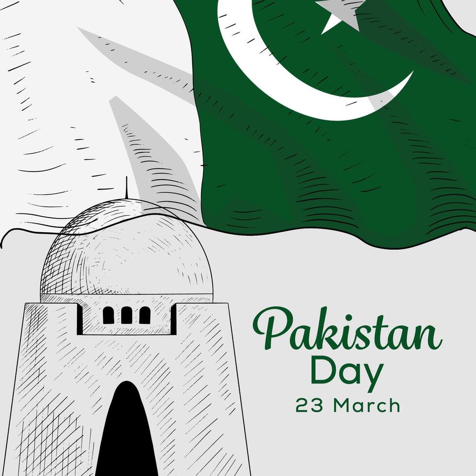 hand dragen pakistan dag illustration med pakistan flagga vektor