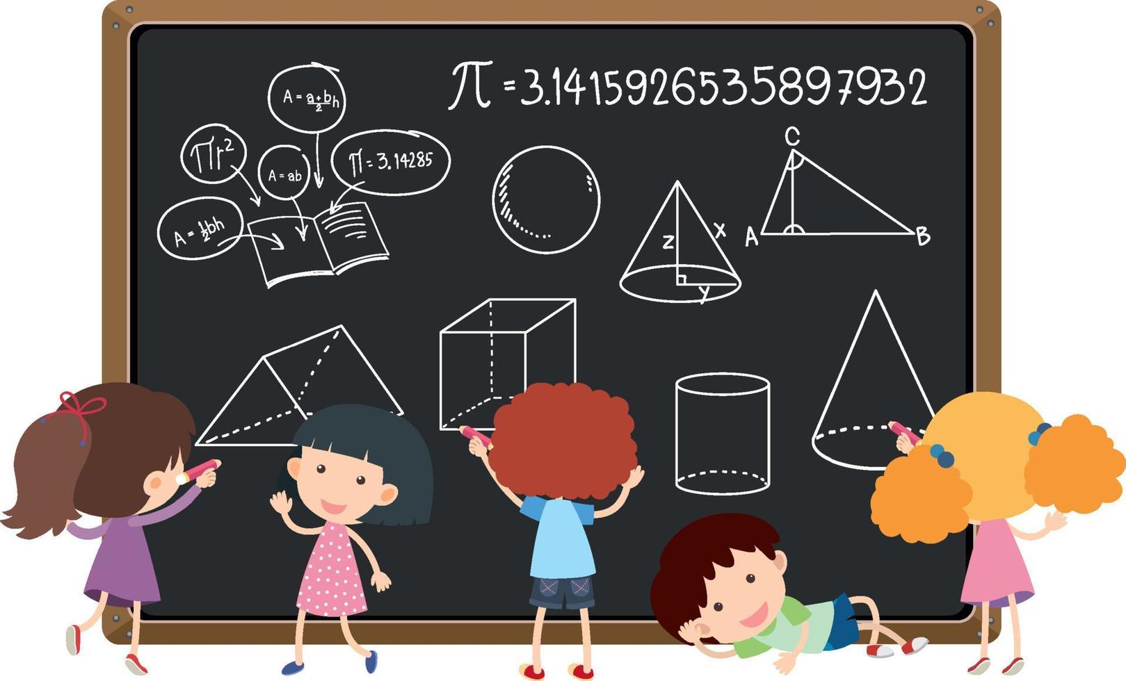 Schüler vor einer Tafel voller mathematischer Formeln vektor