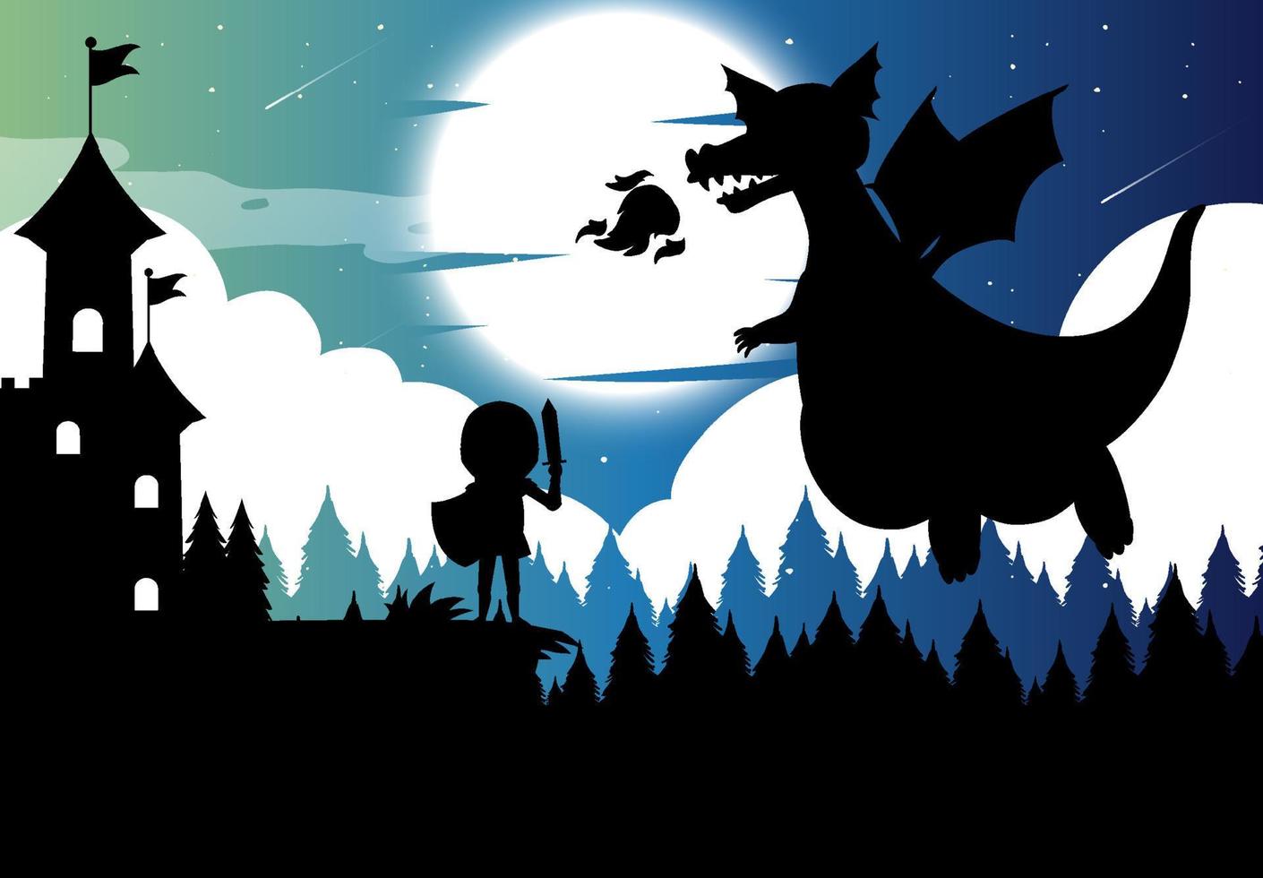 Silhouette Ritter und Drache mit Vollmond-Hintergrund vektor