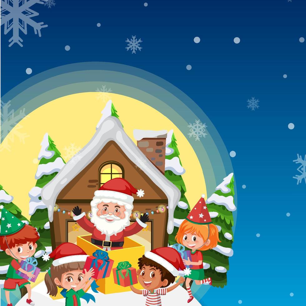 Plakat zu Weihnachten mit Weihnachtsmann und glücklichen Kindern vektor