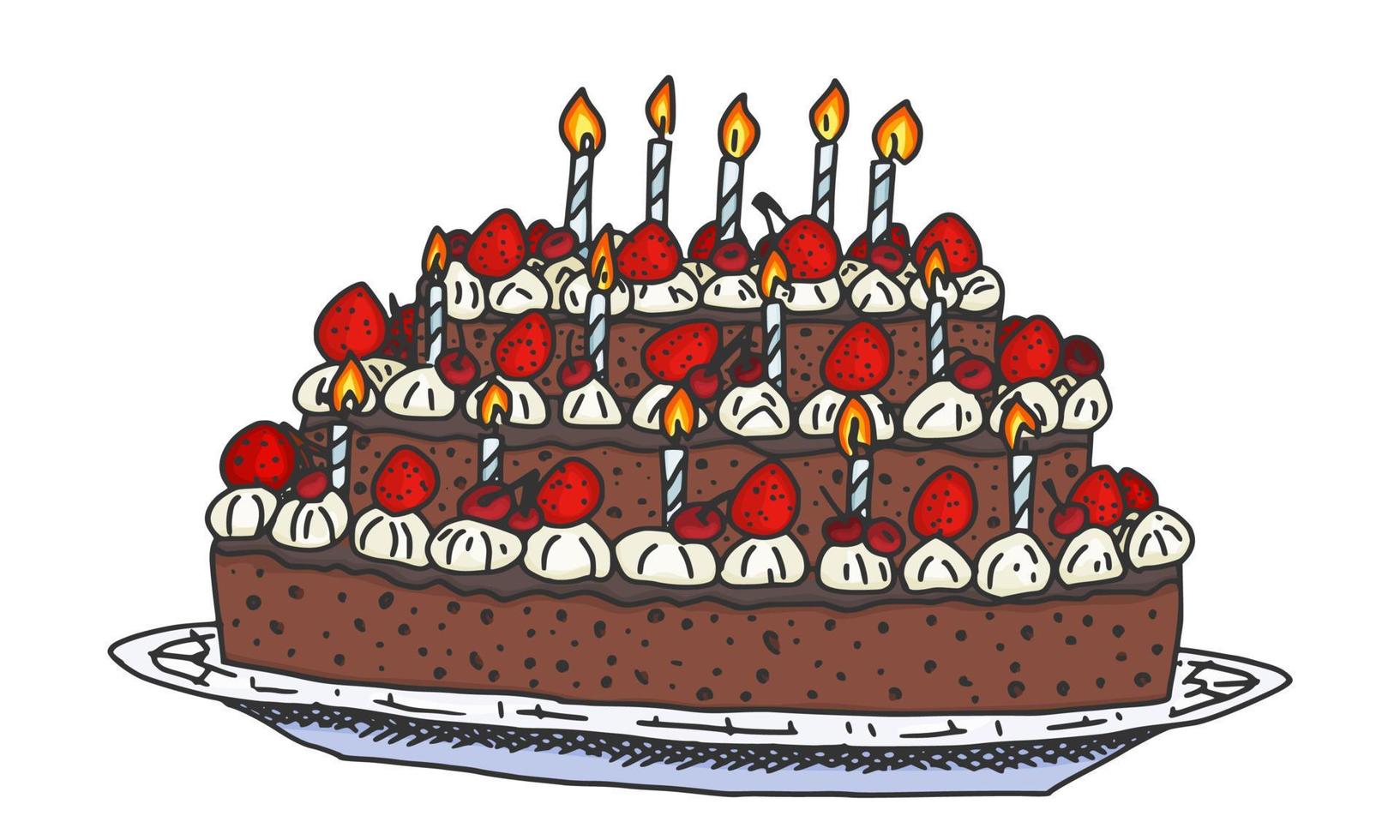 Geburtstagstorte mit Kerzen und Beeren. Gekritzel vektor