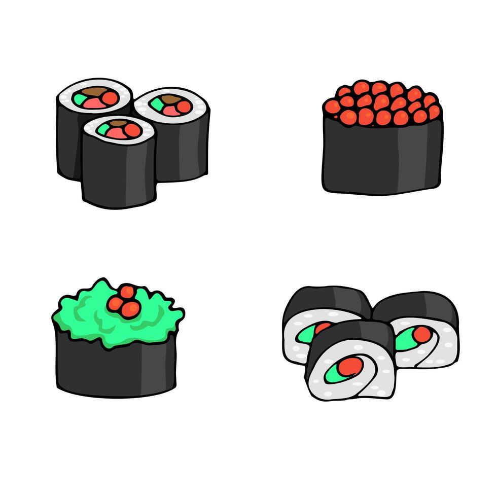 uppsättning av vektor bilder av sushi och rullar av japansk kök. Färg illustration på en vit bakgrund.