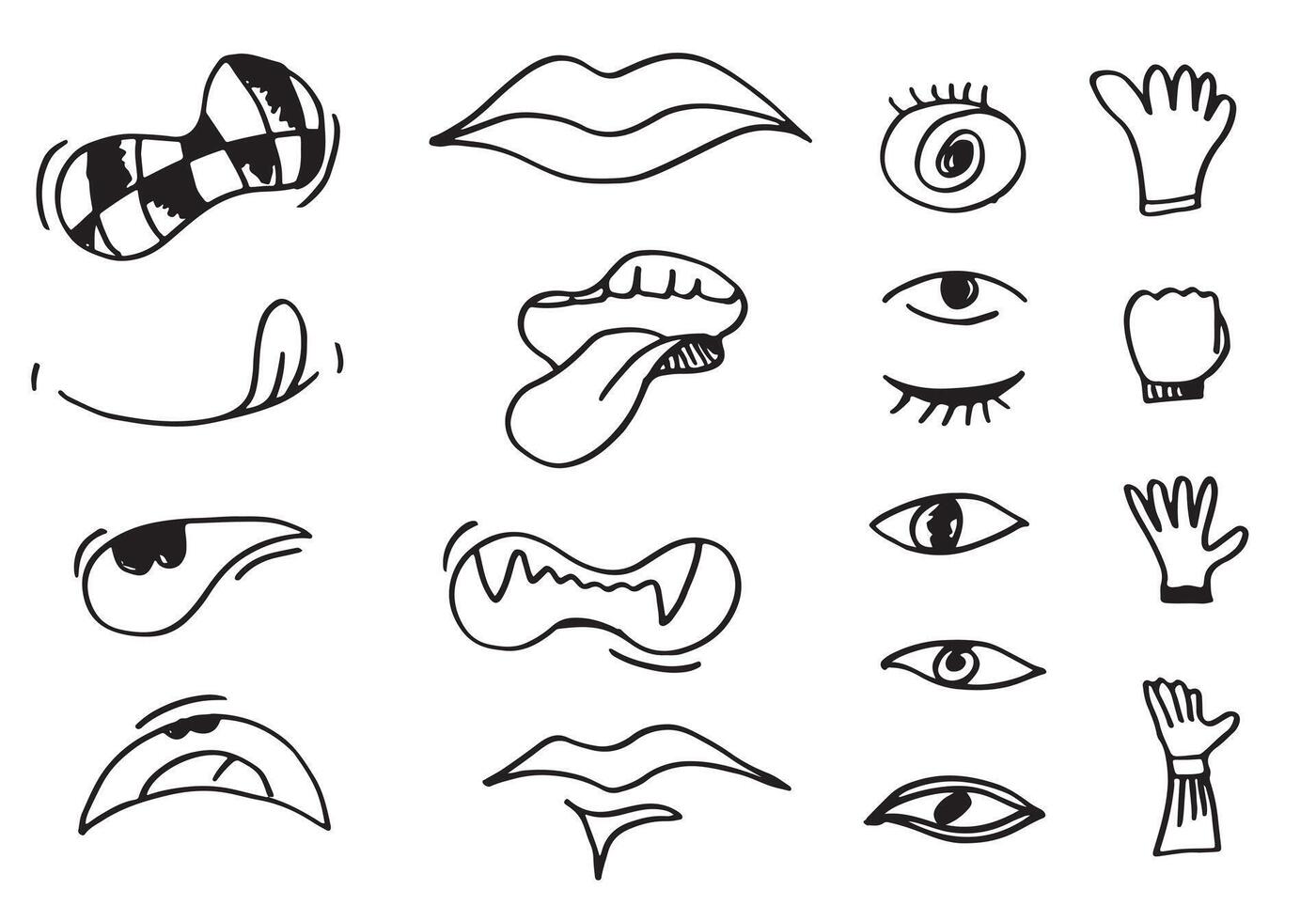 uppsättning av klotter ögon, hand och mun. vektor svart och vit ikoner.
