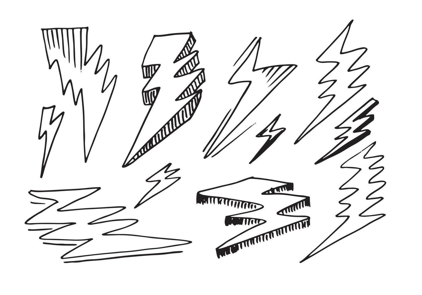 uppsättning handritade vektor doodle elektriska blixtsymbol skiss illustrationer. åska symbol doodle ikon.