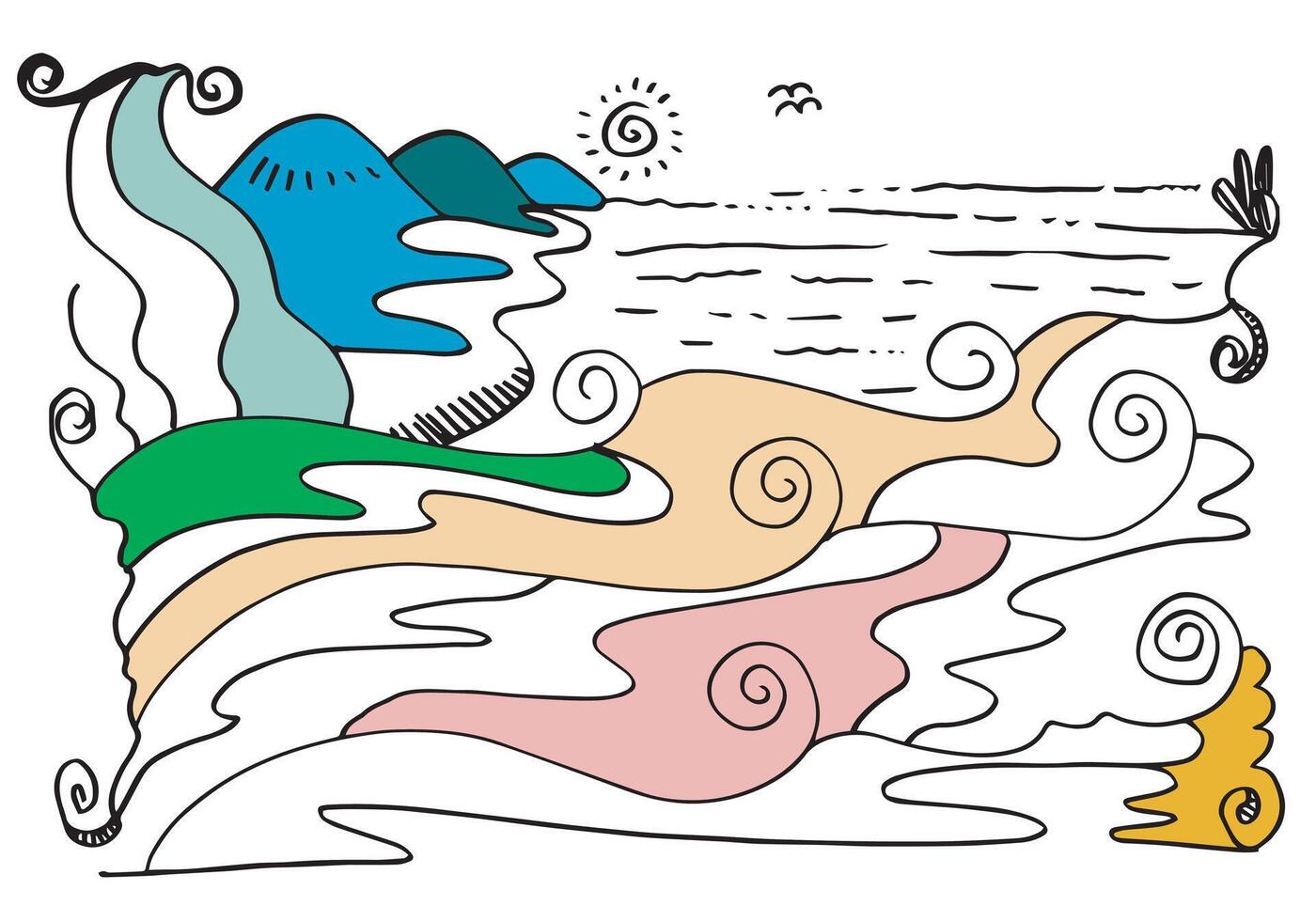 süß Karikatur Wiese mit Berge, Pflanzen, Wolken und Sonne. abstrakt Stil. vektor