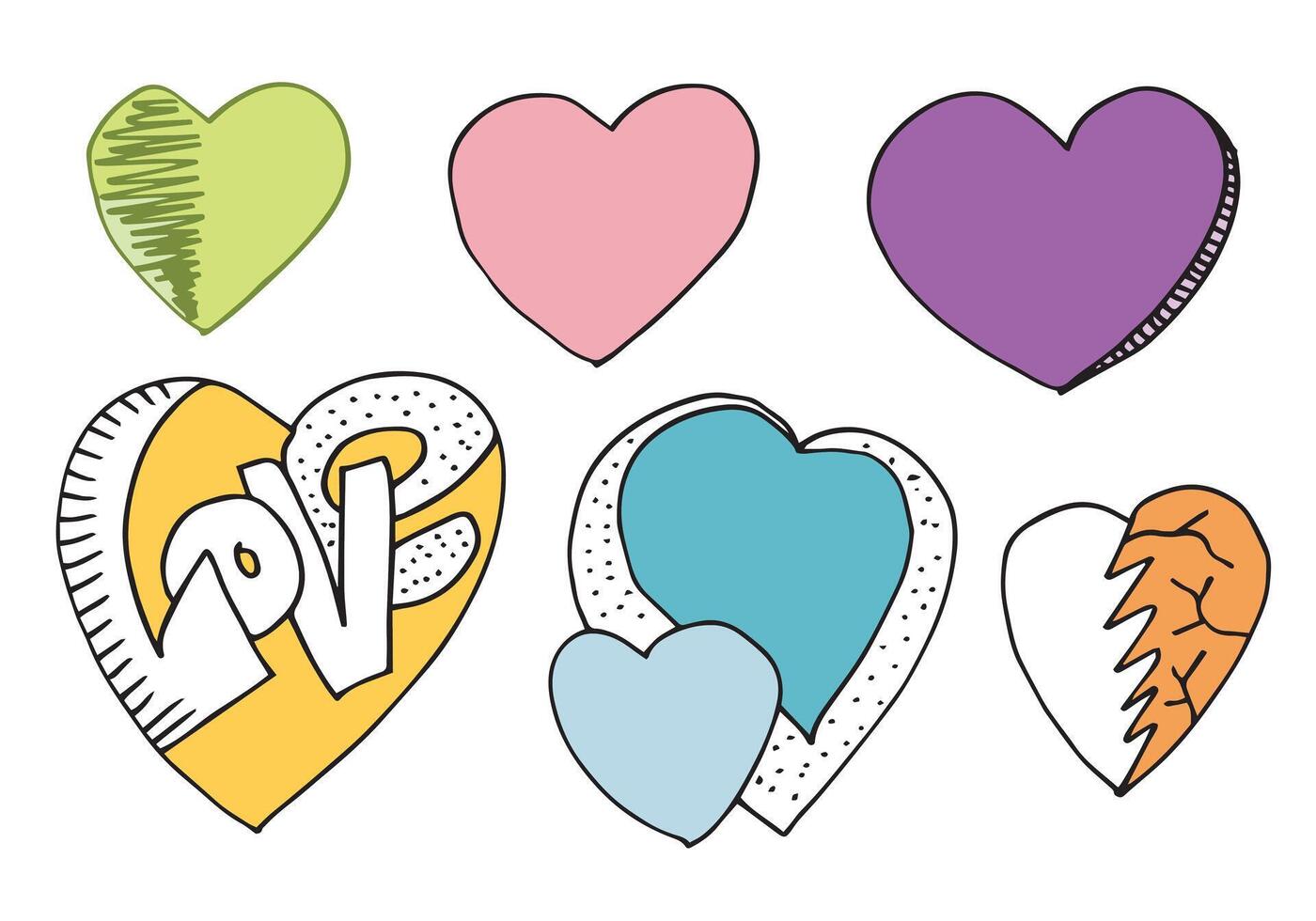 handritade doodles för alla hjärtans dag. samling av vackra hjärtan och skrifter kärlek. vektor illustration.